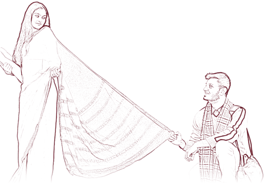 Pencil sketch of Daniel and Komal with a saree pallu stretched between them